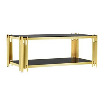 43" Black Glass Coffee Table with Gold Base, Modern Two-Tier Center Table Adjustable Feet，for Livin