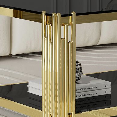 43" Black Glass Coffee Table with Gold Base, Modern Two-Tier Center Table Adjustable Feet，for Livin
