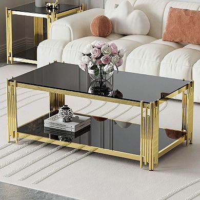 43" Black Glass Coffee Table with Gold Base, Modern Two-Tier Center Table Adjustable Feet，for Livin