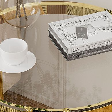 2-Tier Round Side Table with Gold Legs,Modern End Table withTempered Glass for Sofa, Living Room