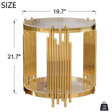 2-Tier Round Side Table with Gold Legs,Modern End Table withTempered Glass for Sofa, Living Room