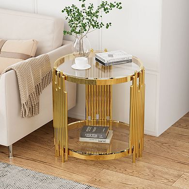 2-Tier Round Side Table with Gold Legs,Modern End Table withTempered Glass for Sofa, Living Room