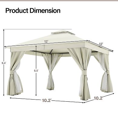 12'x12' Patio Gazebo Double Roof Mosquito Net Heavy-Duty Semi-Permanent for Backyard Garden