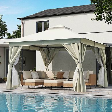12'x12' Patio Gazebo Double Roof Mosquito Net Heavy-Duty Semi-Permanent for Backyard Garden
