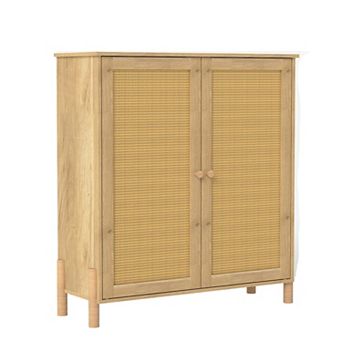 GOMYHOME Boho Rattan Accent Storage Cabinet, Natural Wood Sideboard with 2 Cane Doors