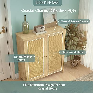 GOMYHOME Boho Rattan Accent Storage Cabinet, Natural Wood Sideboard with 2 Cane Doors