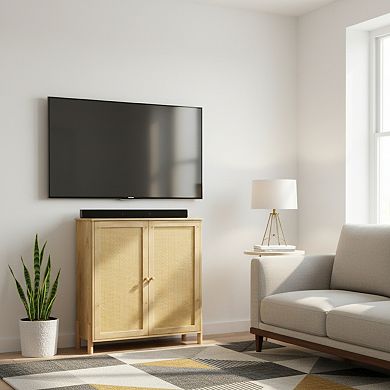 GOMYHOME Boho Rattan Accent Storage Cabinet, Natural Wood Sideboard with 2 Cane Doors