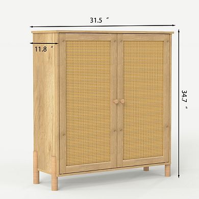 GOMYHOME Boho Rattan Accent Storage Cabinet, Natural Wood Sideboard with 2 Cane Doors