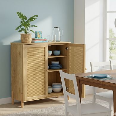 GOMYHOME Boho Rattan Accent Storage Cabinet, Natural Wood Sideboard with 2 Cane Doors