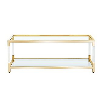 Modern Coffee Table with Mirror Bottom, Gold Stainless Steel Frame & Acrylic Legs, Tempered Glass