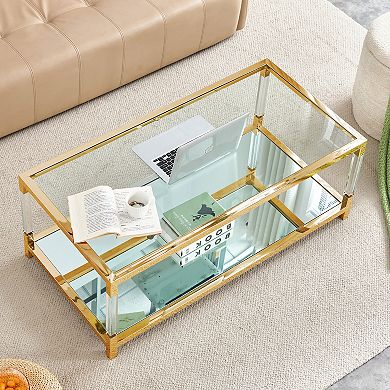 Modern Coffee Table with Mirror Bottom, Gold Stainless Steel Frame & Acrylic Legs, Tempered Glass