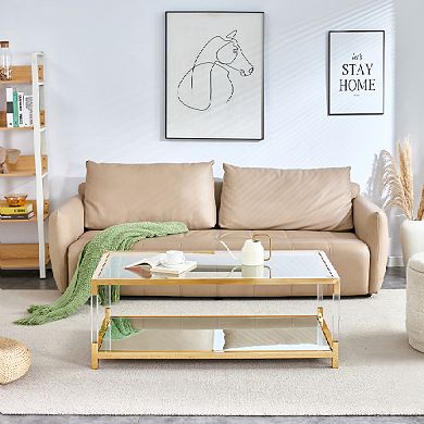 Modern Coffee Table with Mirror Bottom, Gold Stainless Steel Frame & Acrylic Legs, Tempered Glass