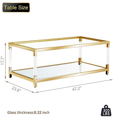 Modern Coffee Table with Mirror Bottom, Gold Stainless Steel Frame & Acrylic Legs, Tempered Glass