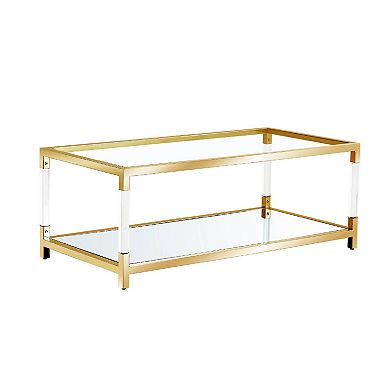 Modern Coffee Table with Mirror Bottom, Gold Stainless Steel Frame & Acrylic Legs, Tempered Glass