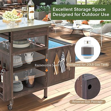 GOMYHOME Rustic Wood Kitchen Island Cart with Stainless Steel Top, Drop Leaf & Locking Wheels