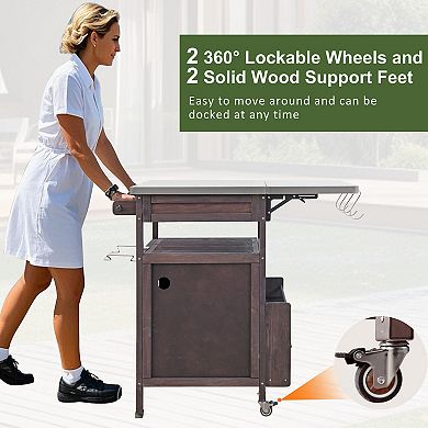 GOMYHOME Rustic Wood Kitchen Island Cart with Stainless Steel Top, Drop Leaf & Locking Wheels