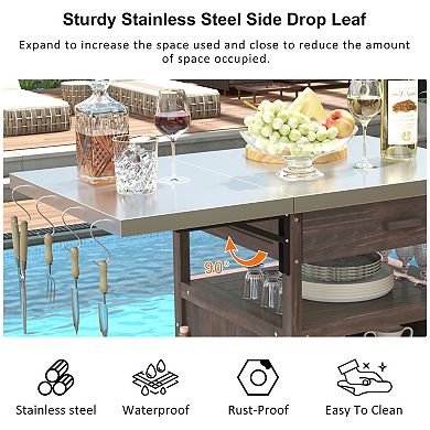 GOMYHOME Rustic Wood Kitchen Island Cart with Stainless Steel Top, Drop Leaf & Locking Wheels