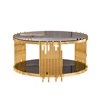 35.43" Round Glass Coffee Table, Modern Two-Tier Center Table with Gold Sculptural Base