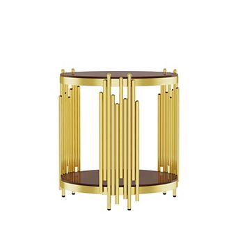 Round Side Table with Brown Glass, Gold End Table - Two-Tier Accent Table with Rounded Edges, 150LB