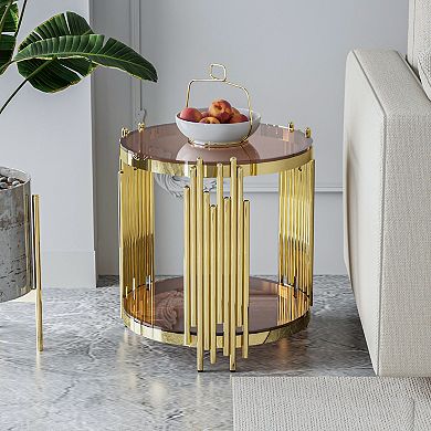 Round Side Table with Brown Glass, Gold End Table - Two-Tier Accent Table with Rounded Edges, 150LB