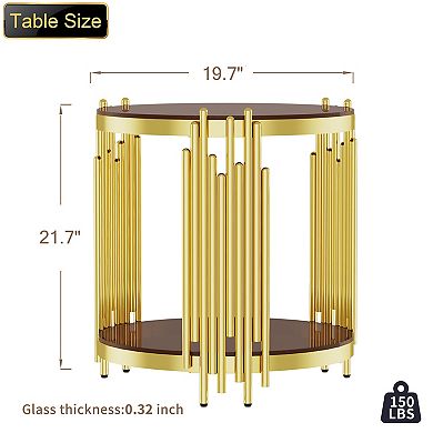 Round Side Table with Brown Glass, Gold End Table - Two-Tier Accent Table with Rounded Edges, 150LB