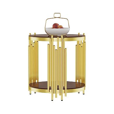Round Side Table with Brown Glass, Gold End Table - Two-Tier Accent Table with Rounded Edges, 150LB