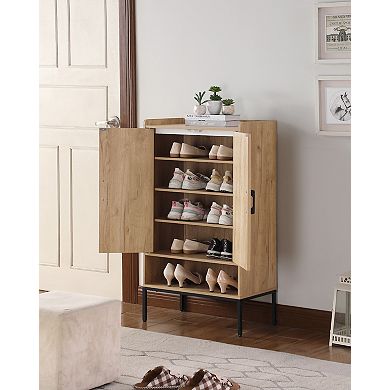 GOMYHOME 5-Tier Wooden Shoe Cabinet with Doors, Modern Entryway Shoe Storage Organizer, Light Oak