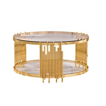 35.43" Round Glass Coffee Table, Modern Two-Tier Center Table with Gold Sculptural Base