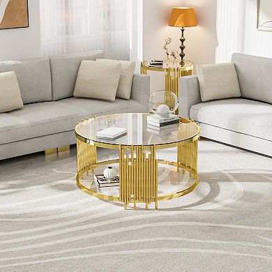 35.43" Round Glass Coffee Table, Modern Two-Tier Center Table with Gold Sculptural Base