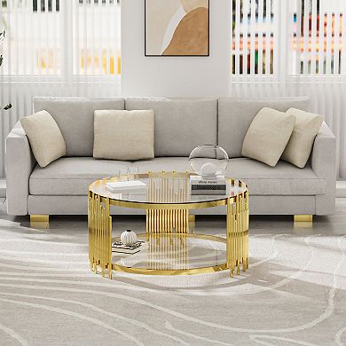 35.43" Round Glass Coffee Table, Modern Two-Tier Center Table with Gold Sculptural Base