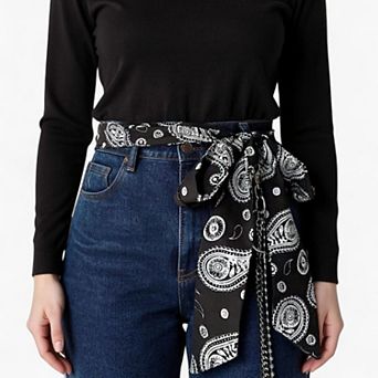 Women's Paisley Print Scarf Belt with Large Bow Tie Front and Metal Chain Accent 78.5