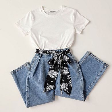 Women's Paisley Print Scarf Belt with Large Bow Tie Front and Metal Chain Accent 78.5