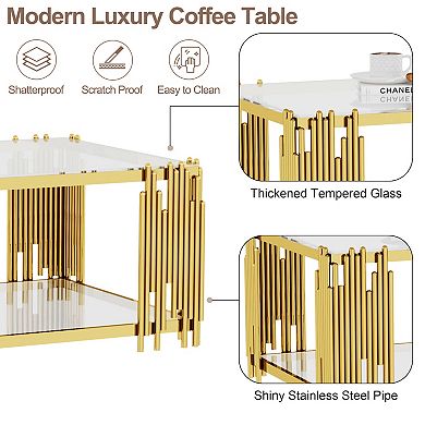 51.18" Coffee Table with 2 Floors,Modern Gold Glass Center Table , 8mm Tempered Glass
