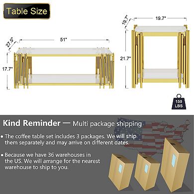 51.18" Coffee Table with 2 Floors,Modern Gold Glass Center Table , 8mm Tempered Glass