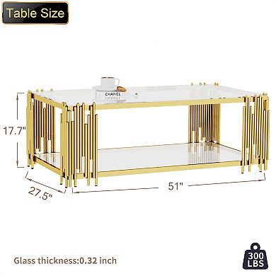 51.18" Coffee Table with 2 Floors,Modern Gold Glass Center Table , 8mm Tempered Glass