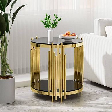 19.69" Round Side Table,Gold End Table with Black Tempered GlassTwo-Tier Accent Table for Sofa