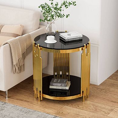 19.69" Round Side Table,Gold End Table with Black Tempered GlassTwo-Tier Accent Table for Sofa
