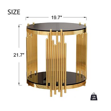 19.69" Round Side Table,Gold End Table with Black Tempered GlassTwo-Tier Accent Table for Sofa