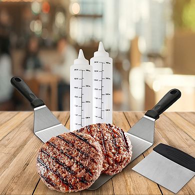 Cheer Collection Stainless Steel Griddle Set with Spatulas Scraper and Bottles for BBQ Cooking