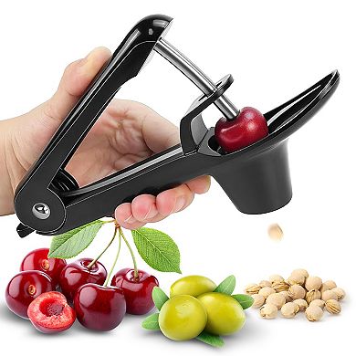Cheer Collection One Hand Cherry and Olive Pitter with Silicone Holder for Fast Mess Free Prep