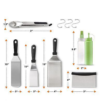 Cheer Collection 7 Piece Stainless Steel Griddle Tool Kit with Spatulas Bottles and Tongs