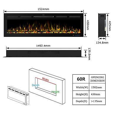 60" Modern Smart Wall Mounted Recessed Electric Fireplace Compatible with Alexa and Google Home