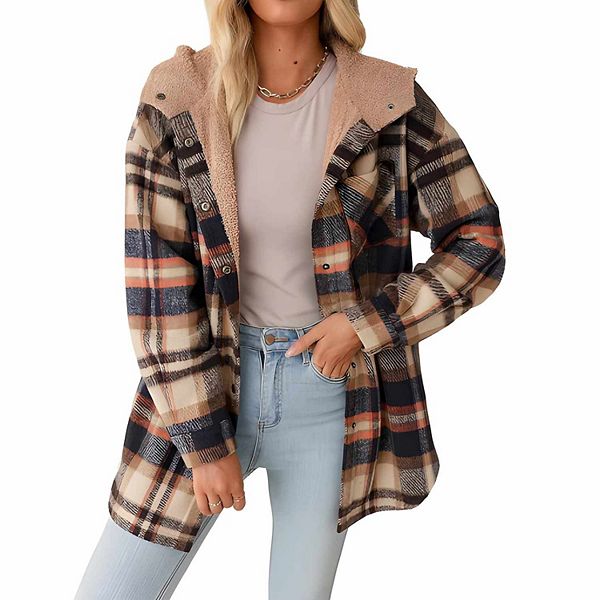 Women's Hooded Plaid Flannel Coat