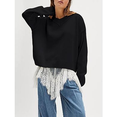 Women's V-Neck Fall Sweater Casual Long Sleeve Pullover