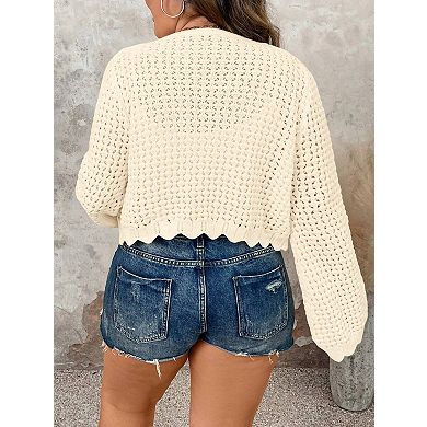 Womens Plus Size Lightweight Cardigan Sweater Open Front Long Sleeve Knitted Cropped Shrug