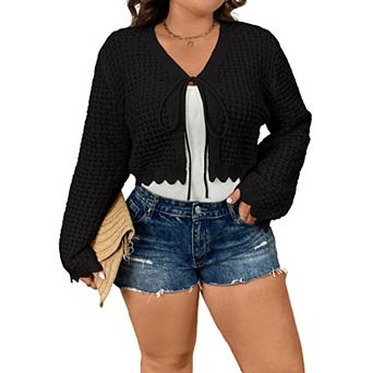 Womens Plus Size Lightweight Cardigan Sweater Open Front Long Sleeve Knitted Cropped Shrug