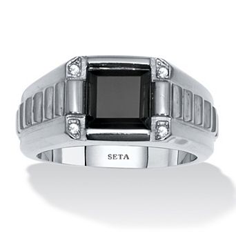 PalmBeach Jewelry Men's Square Cut Simulated Black Agate and Crystal Stainless Steel Ring