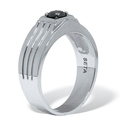 PalmBeach Jewelry Men's Square Cut Simulated Black Agate and Crystal Stainless Steel Ring