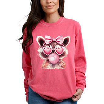 Valentine Raccoon With Bubblegum - Women's Garment Dyed Long Sleeve Graphic T-Shirt