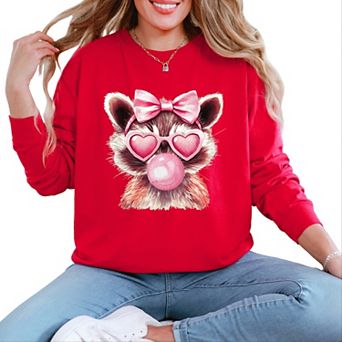 Valentine Raccoon With Bubblegum - Women's Garment Dyed Long Sleeve Graphic T-Shirt